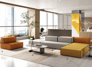 Modern office with flexible foldable partitions creating private zones