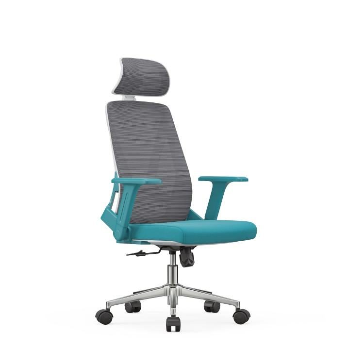 Ergonomic Mesh Swivel Office Chair, Grey High Back with Blue One-piece Fixed Armrest, 2D Headrest & Breathable Back for Office detail 4