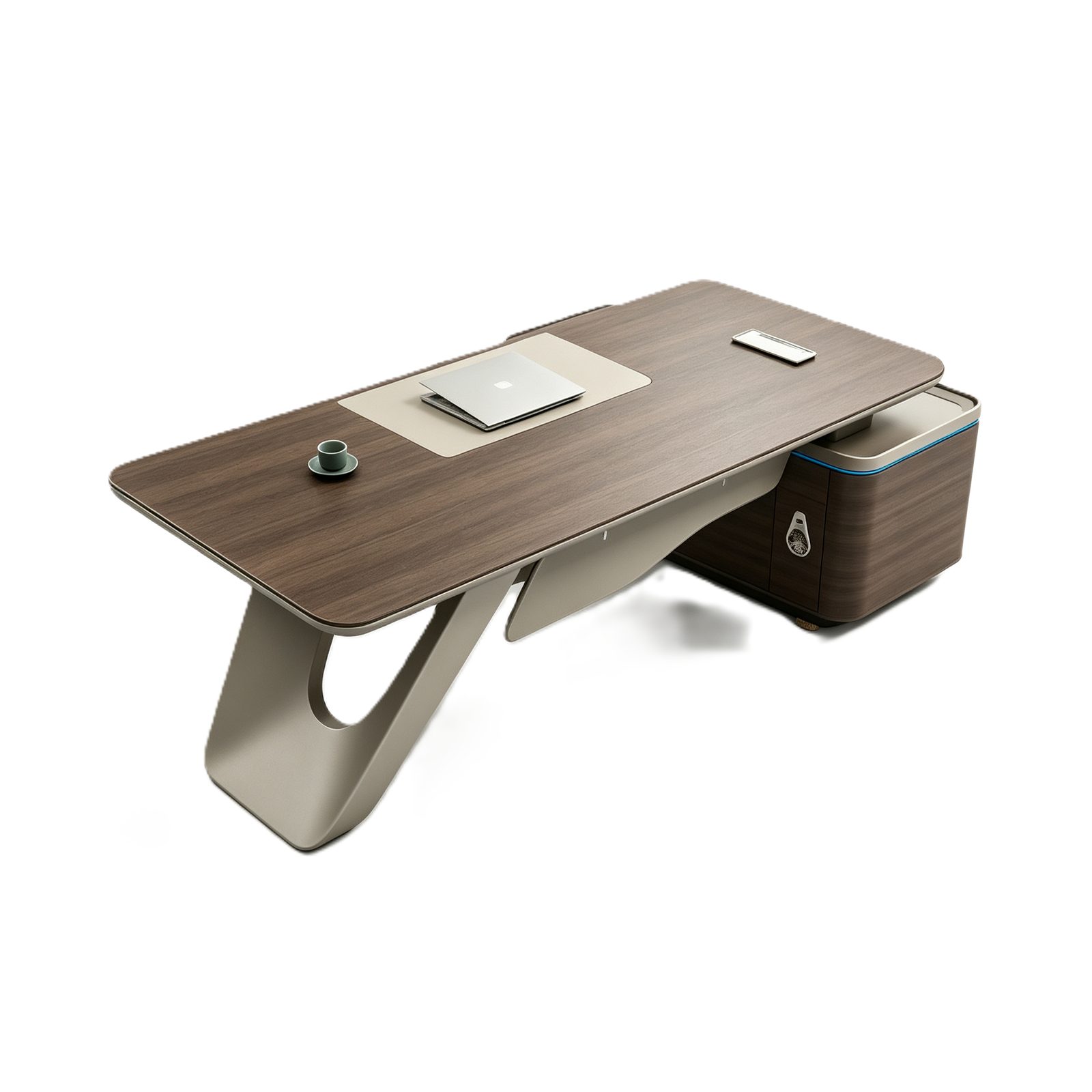 Executive Office Desk with Saddle Leather Front Panel, E1 Eco Board, Steel Legs & Ambient Light Side Cabinet detail 1