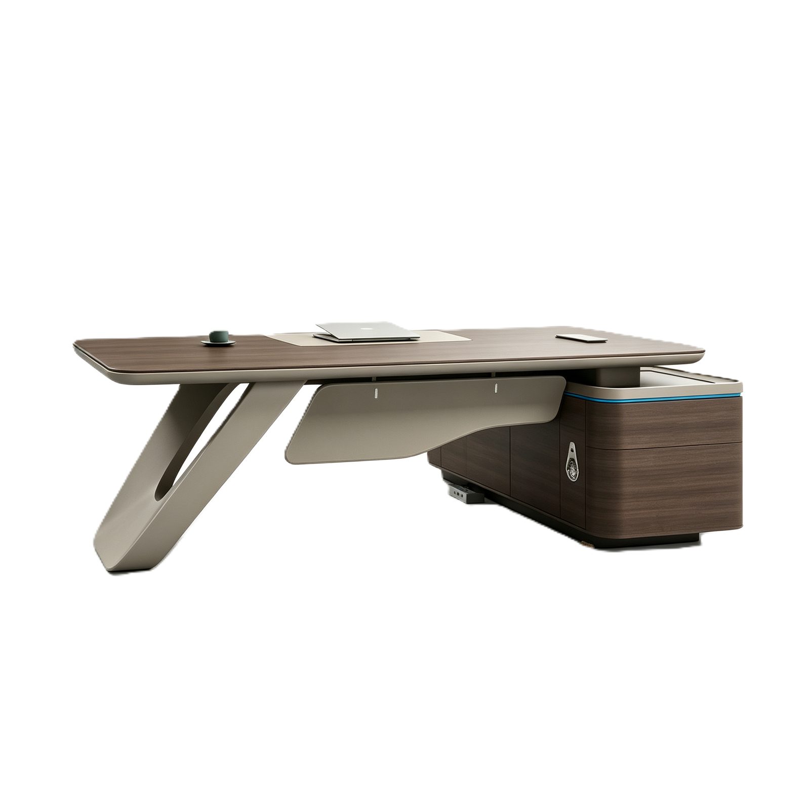 Executive Office Desk with Saddle Leather Front Panel, E1 Eco Board, Steel Legs & Ambient Light Side Cabinet detail 2