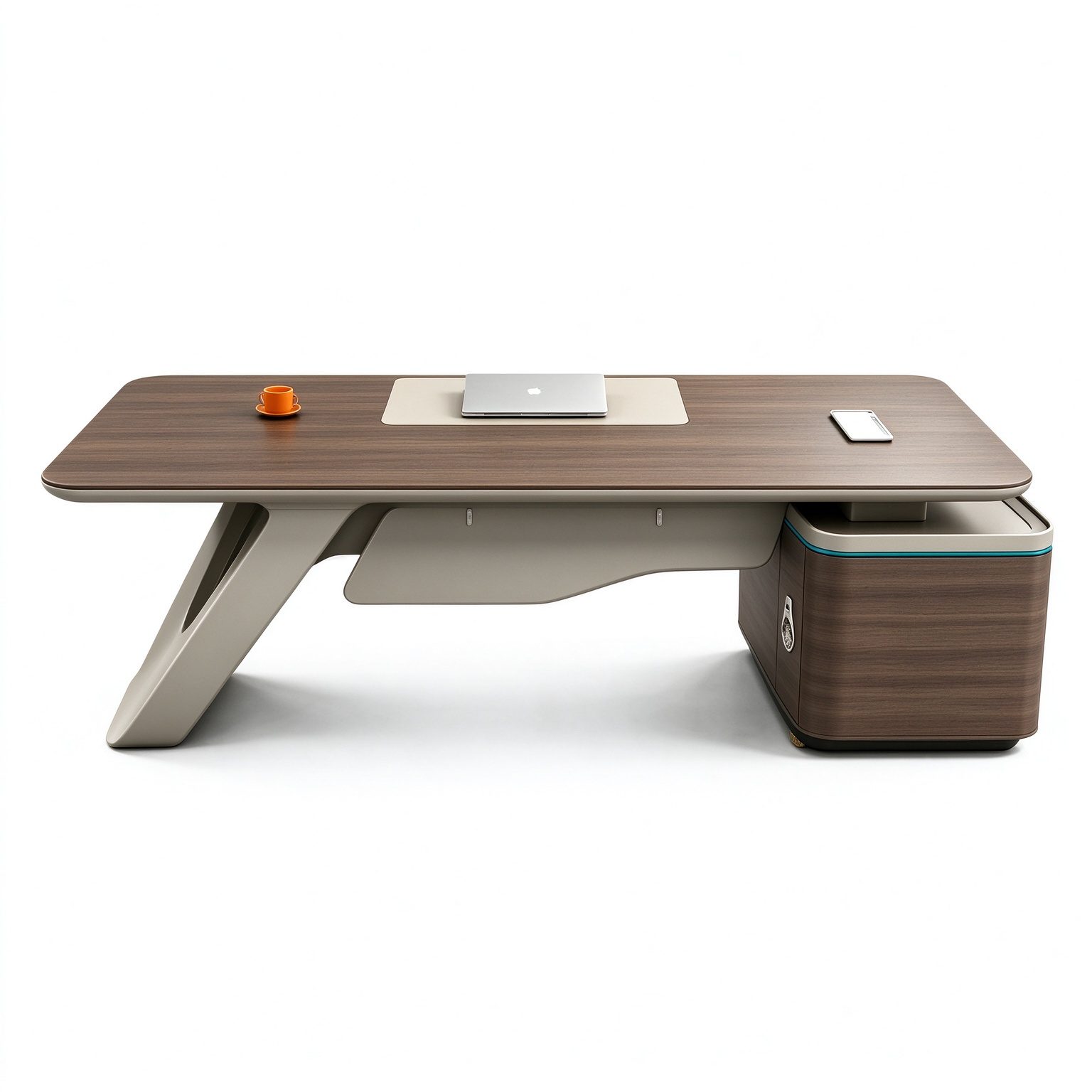 Executive Office Desk with Saddle Leather Front Panel, E1 Eco Board, Steel Legs & Ambient Light Side Cabinet detail 3