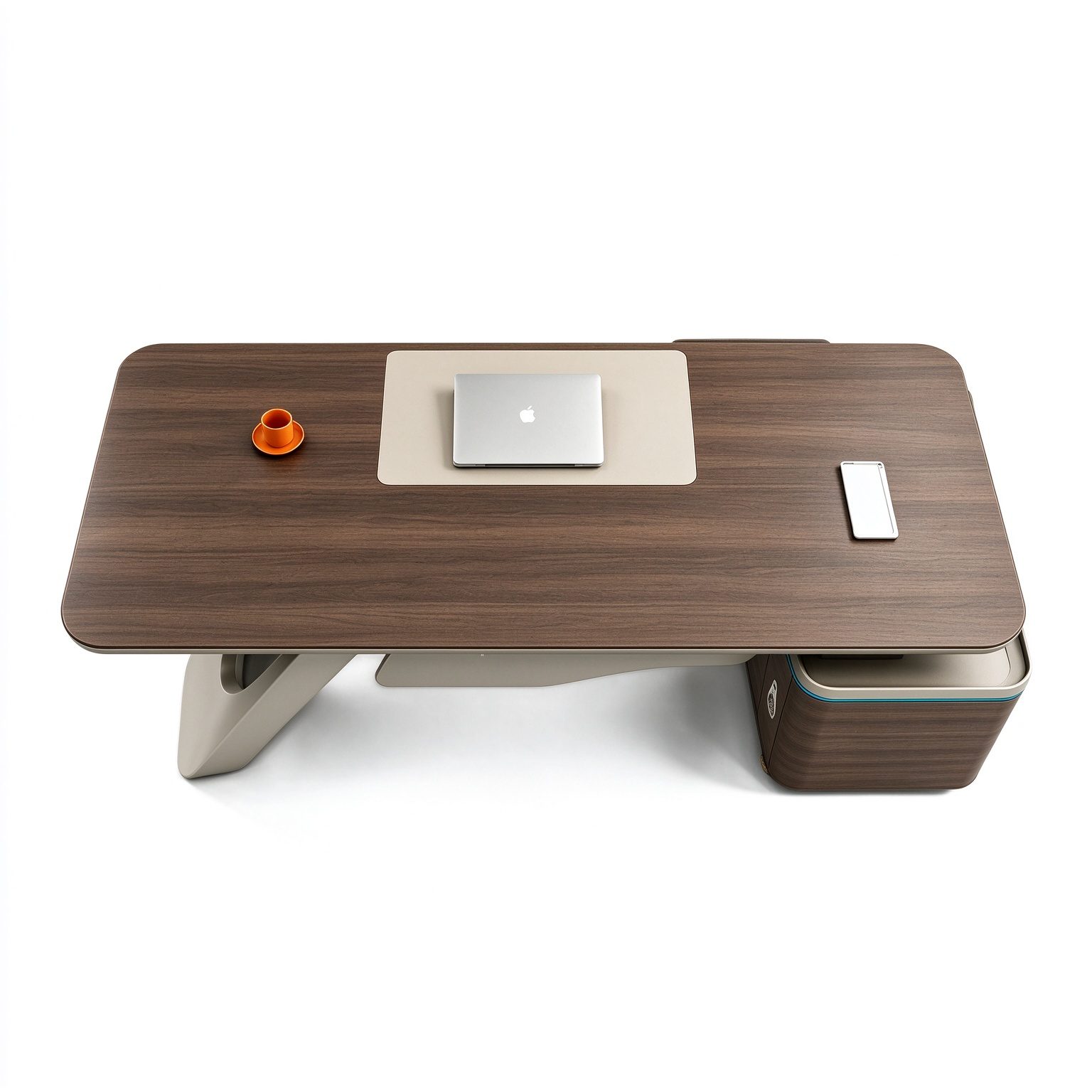 Executive Office Desk with Saddle Leather Front Panel, E1 Eco Board, Steel Legs & Ambient Light Side Cabinet detail 4