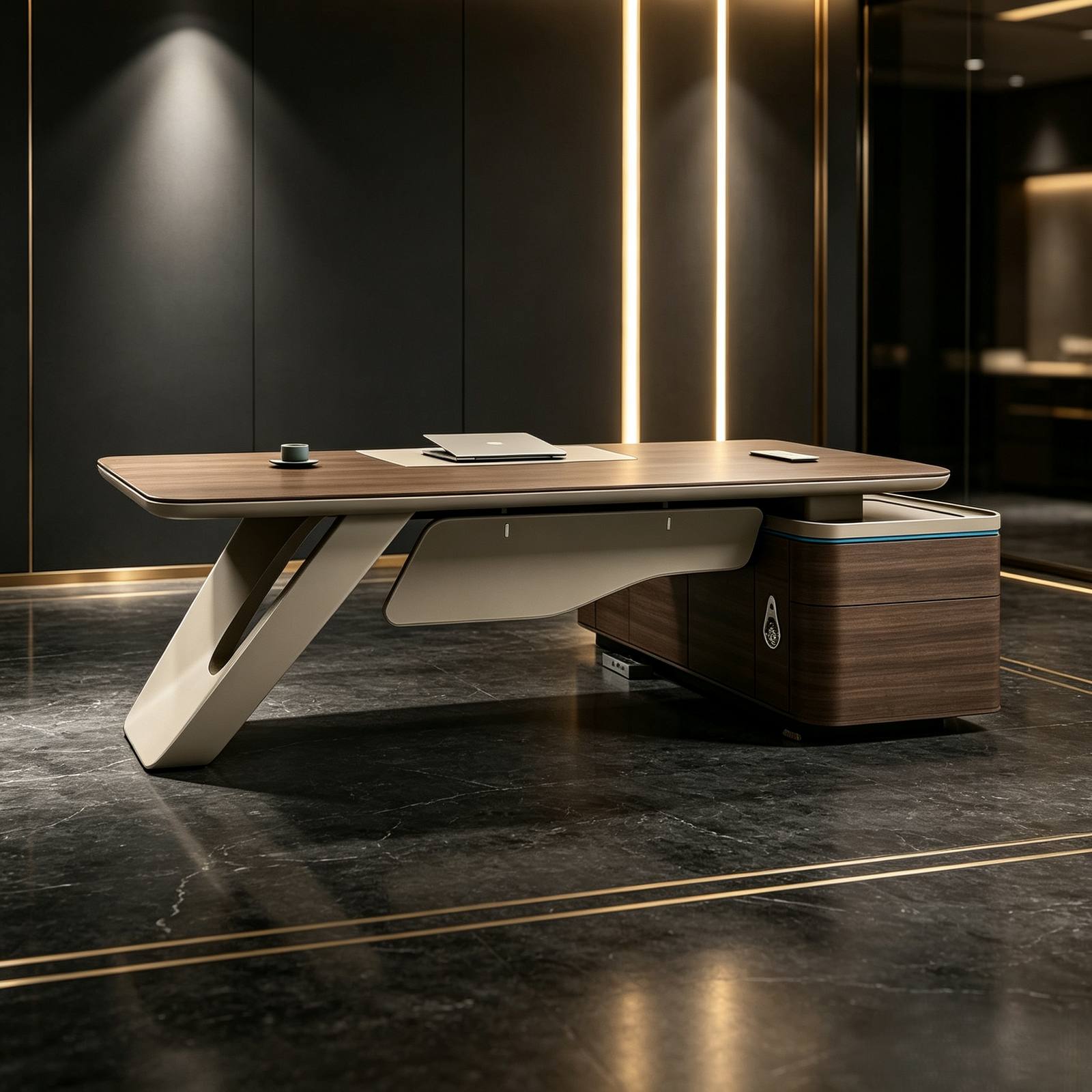 Executive Office Desk with Saddle Leather Front Panel, E1 Eco Board, Steel Legs & Ambient Light Side Cabinet detail 6