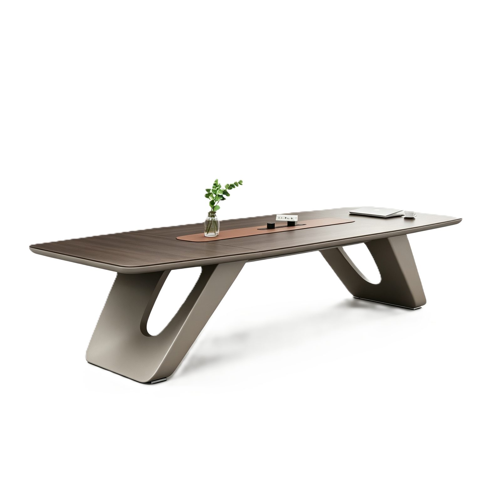 Large Conference Meeting Table with Track Power Outlets, Custom-Shaped Wood Panel, E1 Eco Board & Steel Legs detail 1