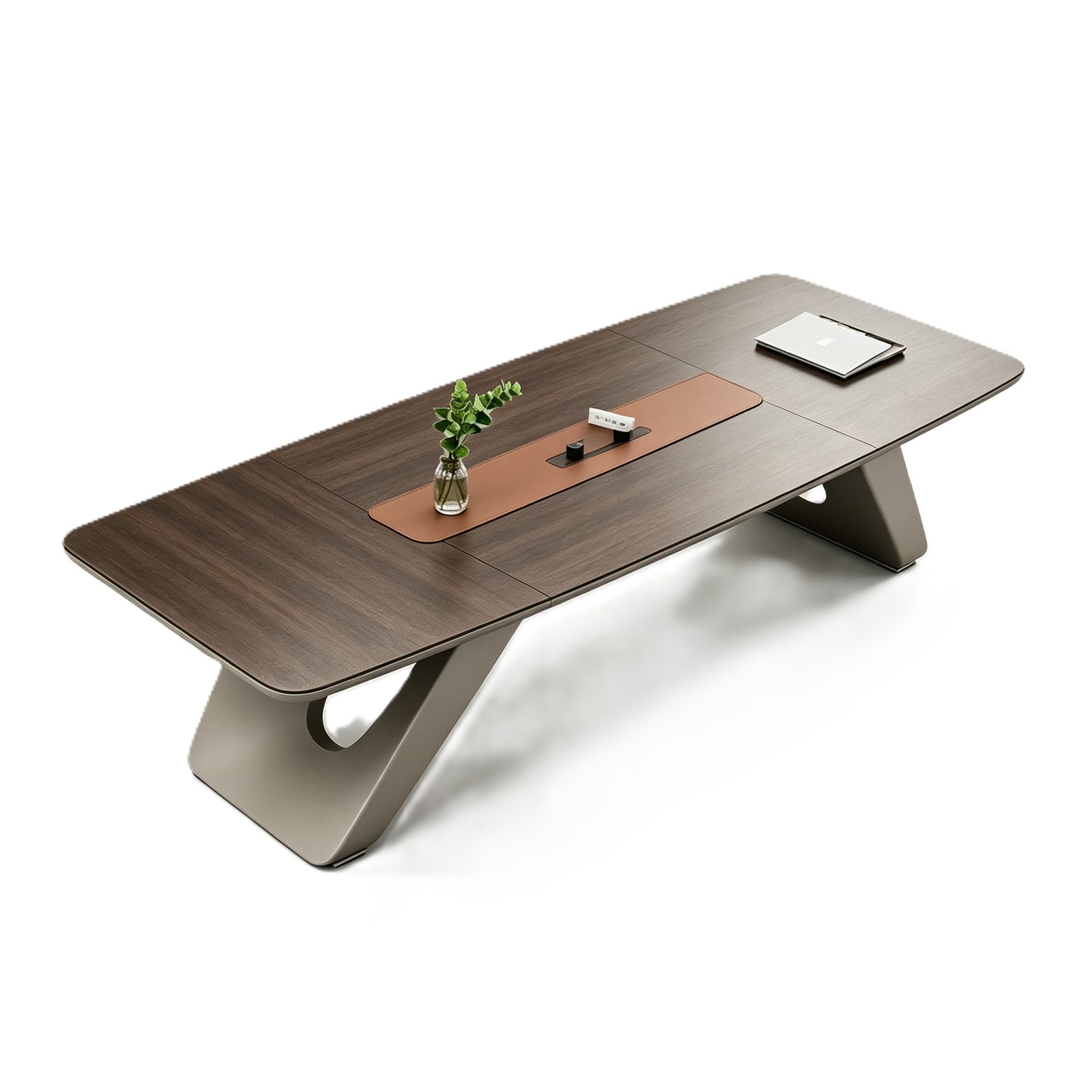 Large Conference Meeting Table with Track Power Outlets, Custom-Shaped Wood Panel, E1 Eco Board & Steel Legs detail 2