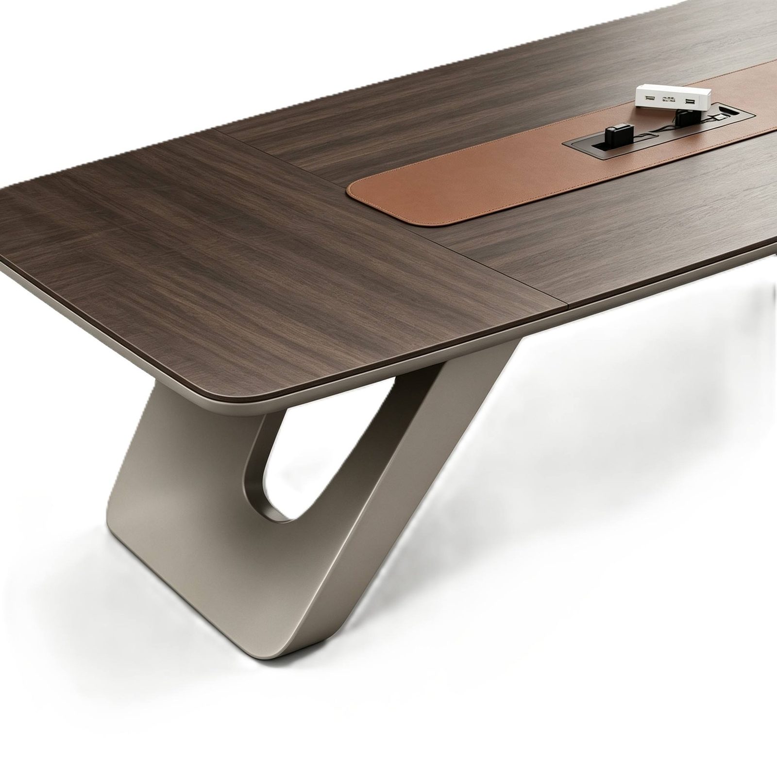 Large Conference Meeting Table with Track Power Outlets, Custom-Shaped Wood Panel, E1 Eco Board & Steel Legs detail 4