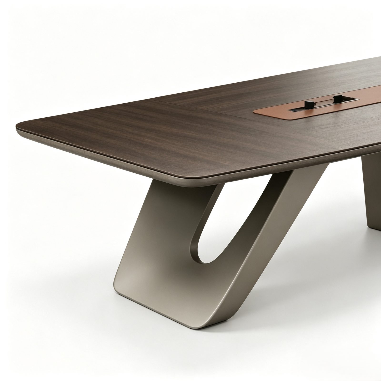 Large Conference Meeting Table with Track Power Outlets, Custom-Shaped Wood Panel, E1 Eco Board & Steel Legs detail 5