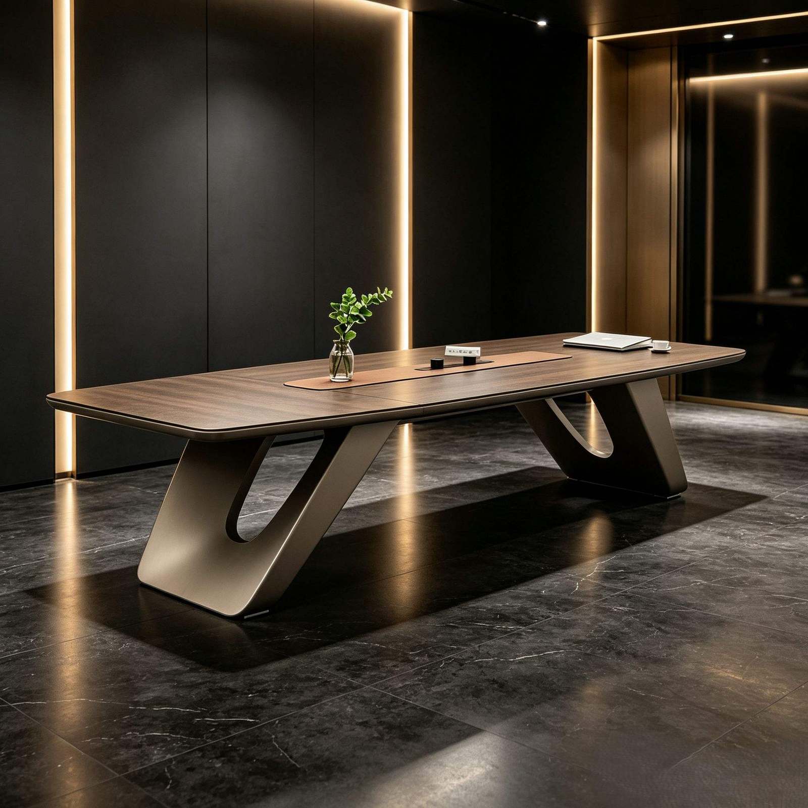 Large Conference Meeting Table with Track Power Outlets, Custom-Shaped Wood Panel, E1 Eco Board & Steel Legs detail 6