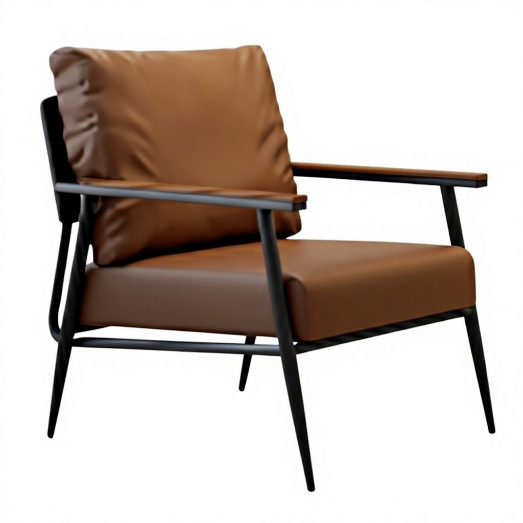 Leisure Chair with Leather Upholstery, Natural Wood Armrests & Density Foam, Sandblasted Iron Legs detail 1