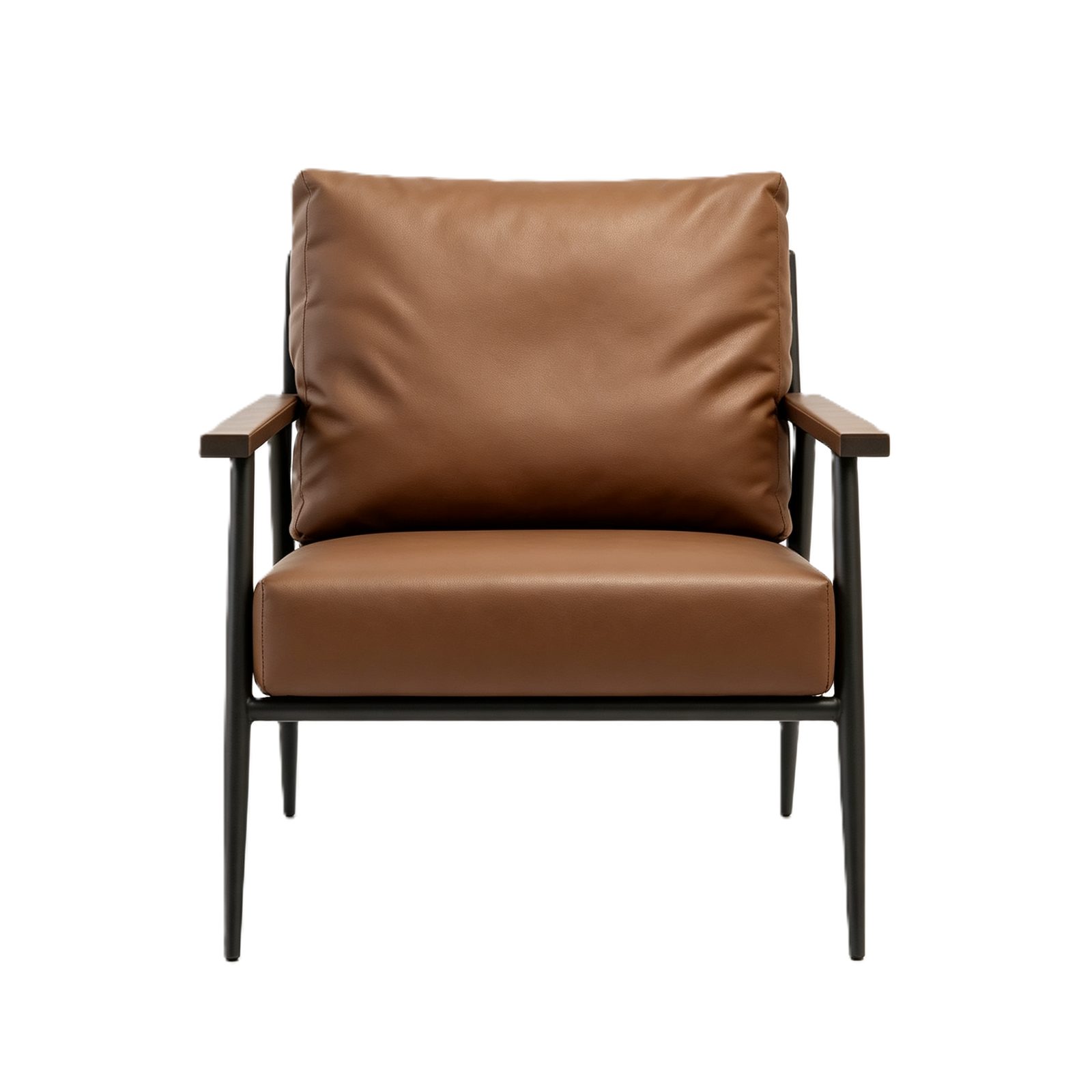 Leisure Chair with Leather Upholstery, Natural Wood Armrests & Density Foam, Sandblasted Iron Legs detail 2