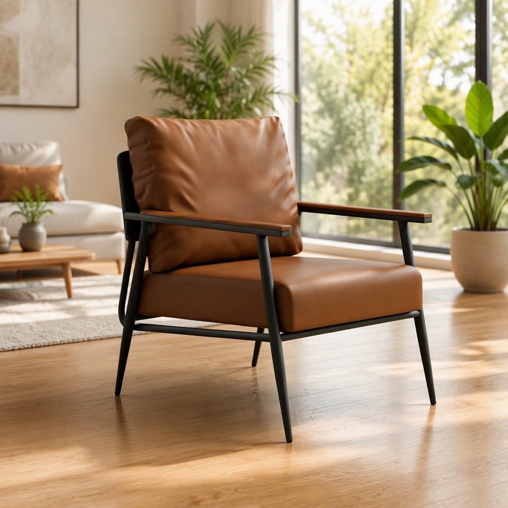 Leisure Chair with Leather Upholstery, Natural Wood Armrests & Density Foam, Sandblasted Iron Legs detail 6