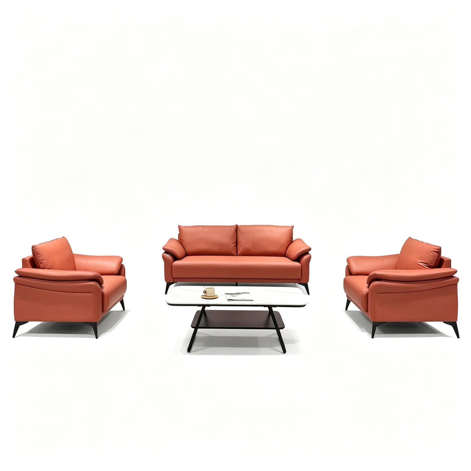 Modern Office Reception Sofa in Red Cat-Scratch Leather, High-Density Foam & Solid Wood Frame detail 1
