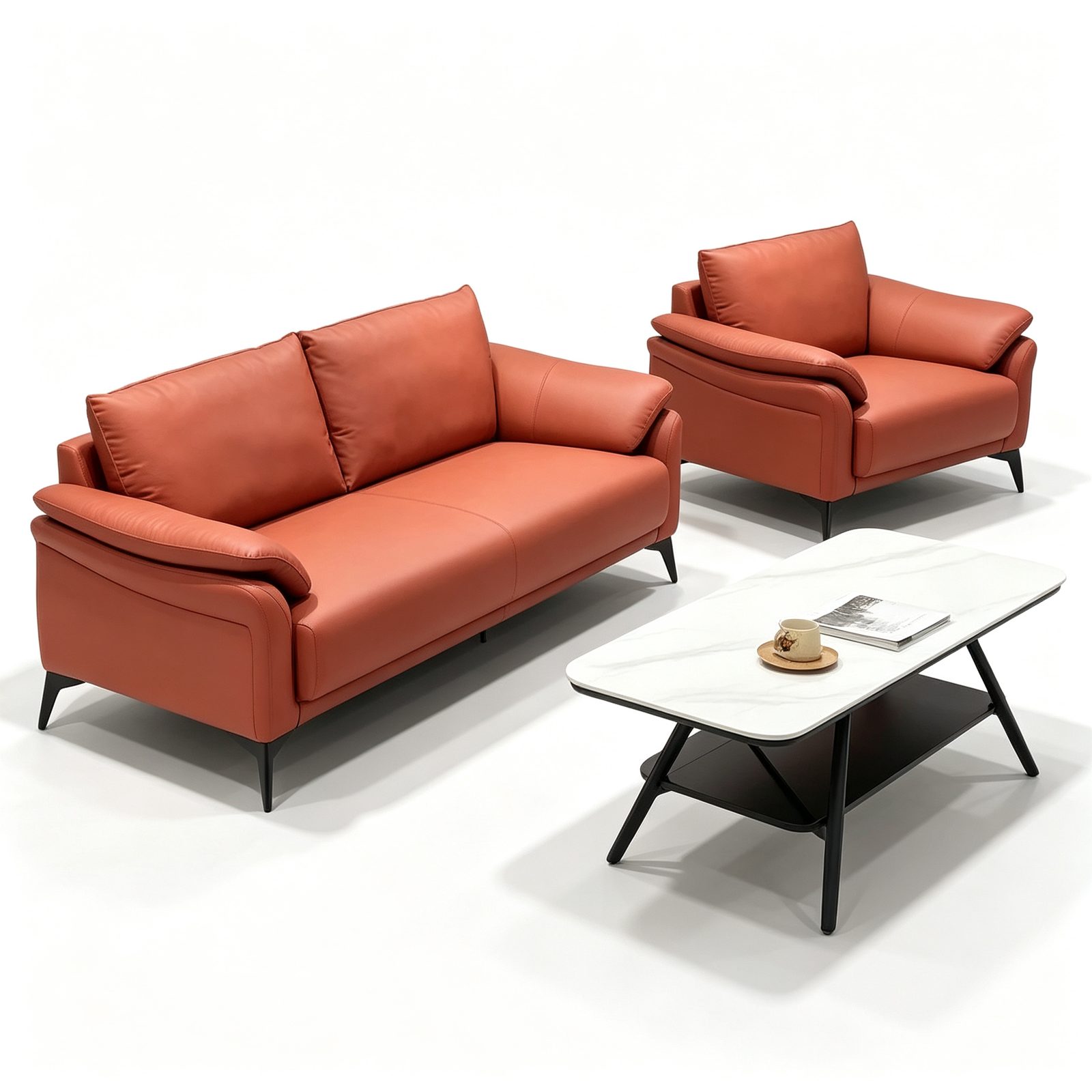 Modern Office Reception Sofa in Red Cat-Scratch Leather, High-Density Foam & Solid Wood Frame detail 2