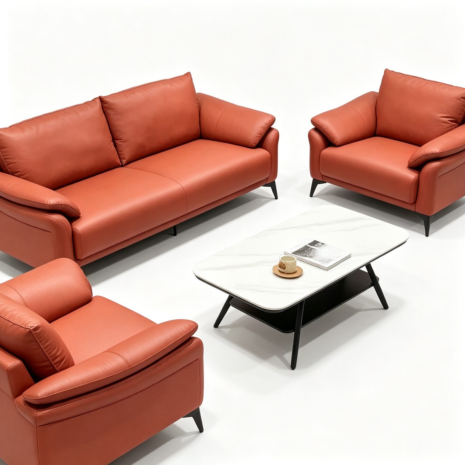Modern Office Reception Sofa in Red Cat-Scratch Leather, High-Density Foam & Solid Wood Frame detail 3