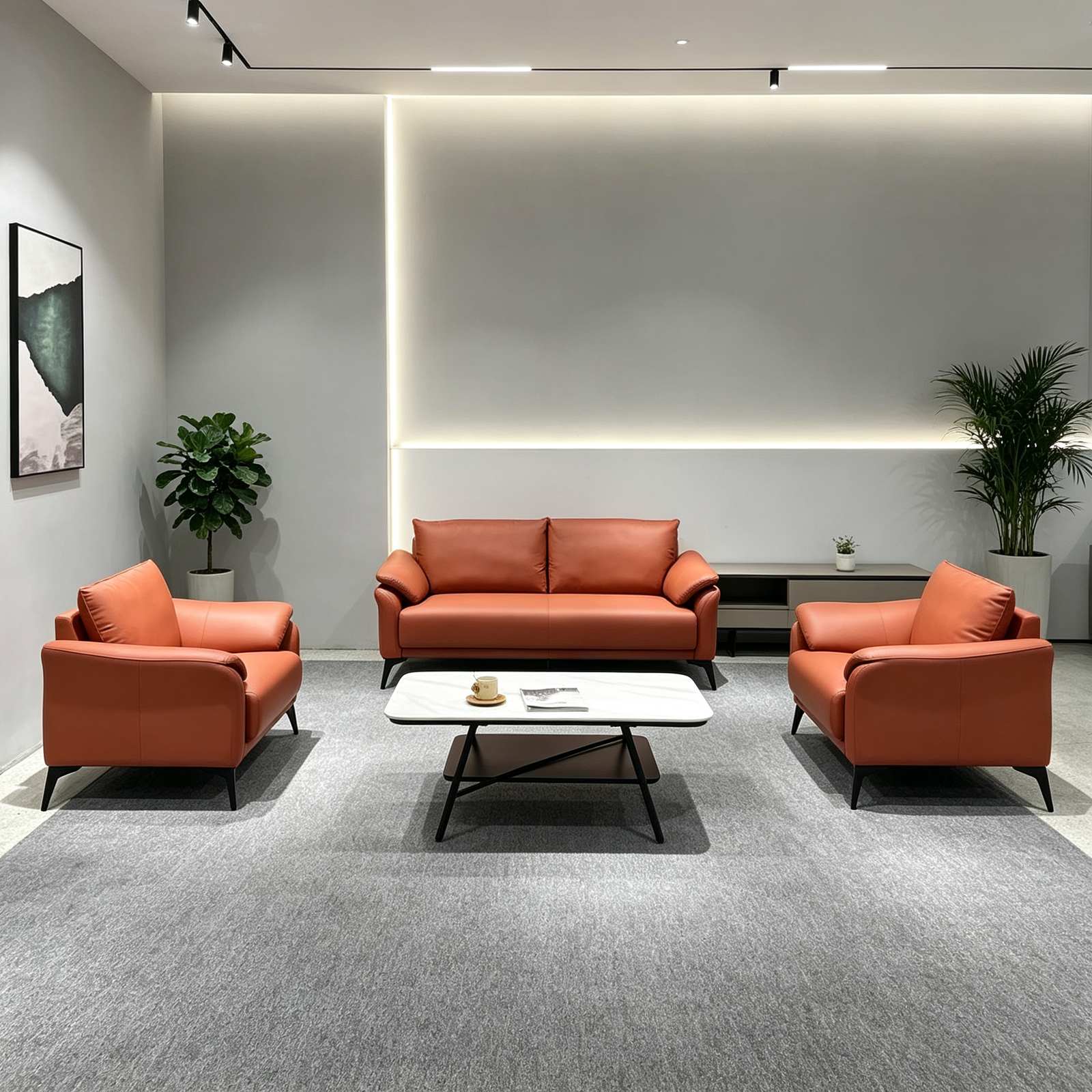 Modern Office Reception Sofa in Red Cat-Scratch Leather, High-Density Foam & Solid Wood Frame detail 6
