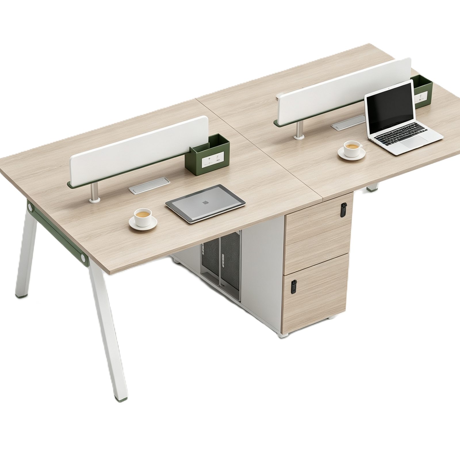 Office Desk with Aluminum Monitor Stand & Owl Steel Legs, Walnut and Warm White Finish detail 2