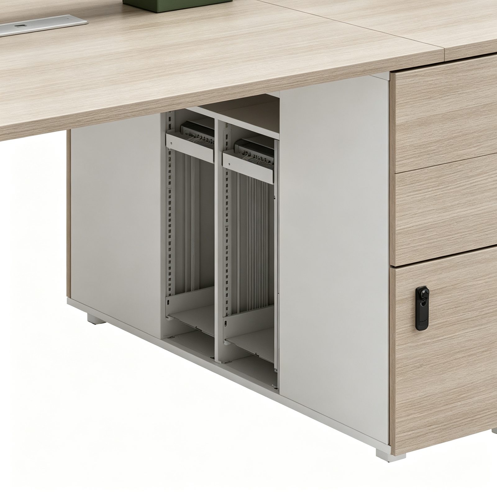 Office Desk with Aluminum Monitor Stand & Owl Steel Legs, Walnut and Warm White Finish detail 3