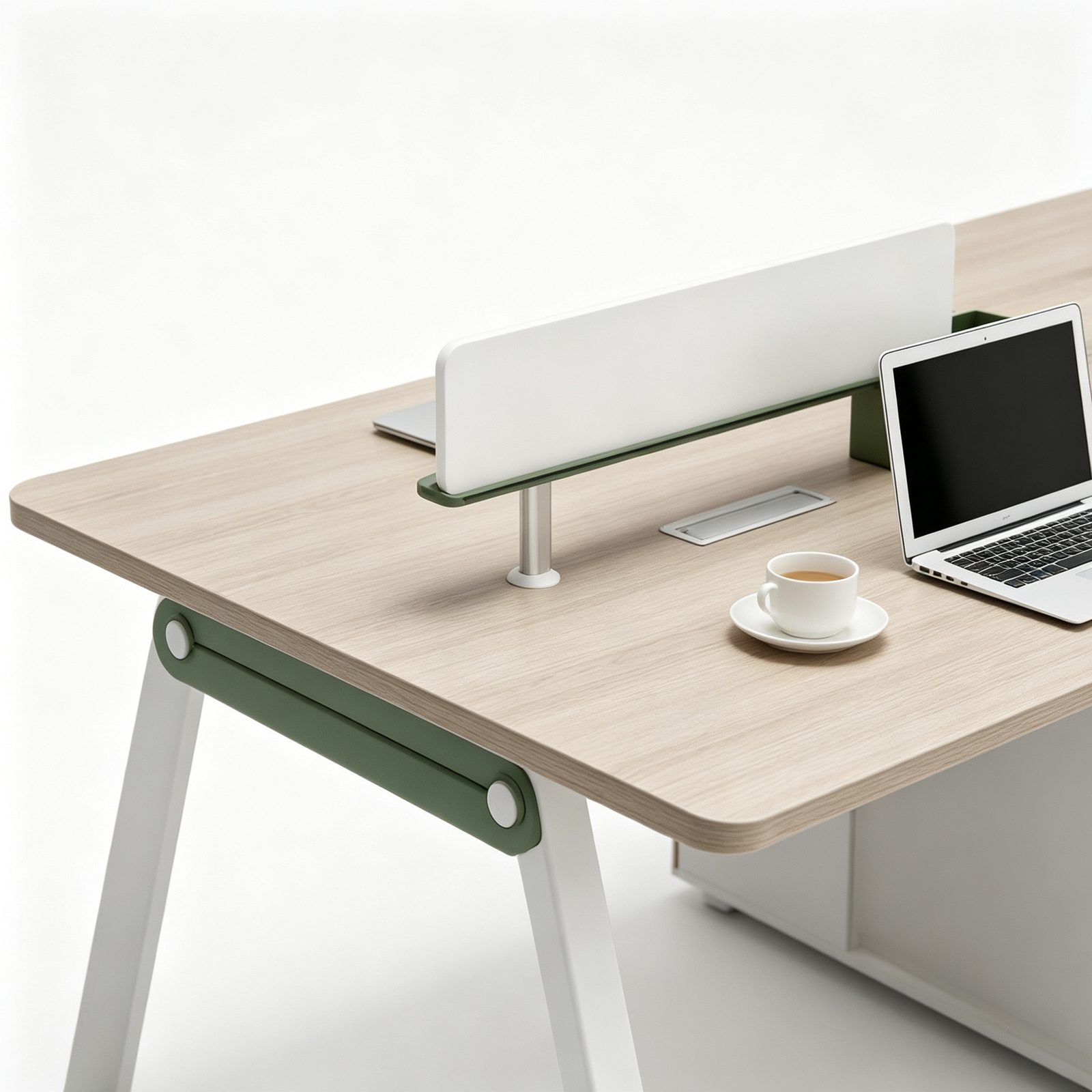 Office Desk with Aluminum Monitor Stand & Owl Steel Legs, Walnut and Warm White Finish detail 4