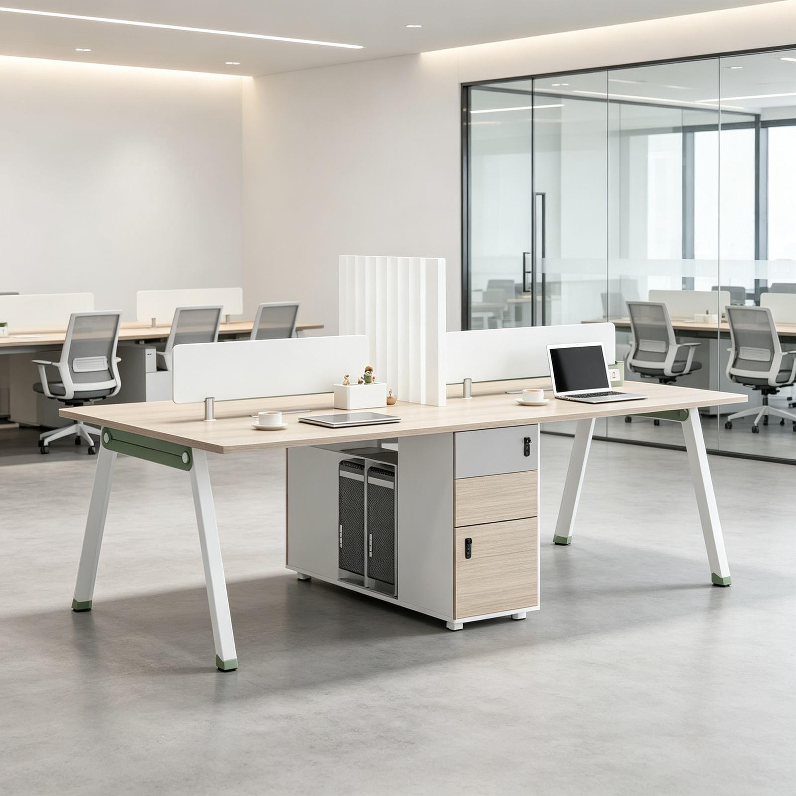 Office Desk with Aluminum Monitor Stand & Owl Steel Legs, Walnut and Warm White Finish detail 5