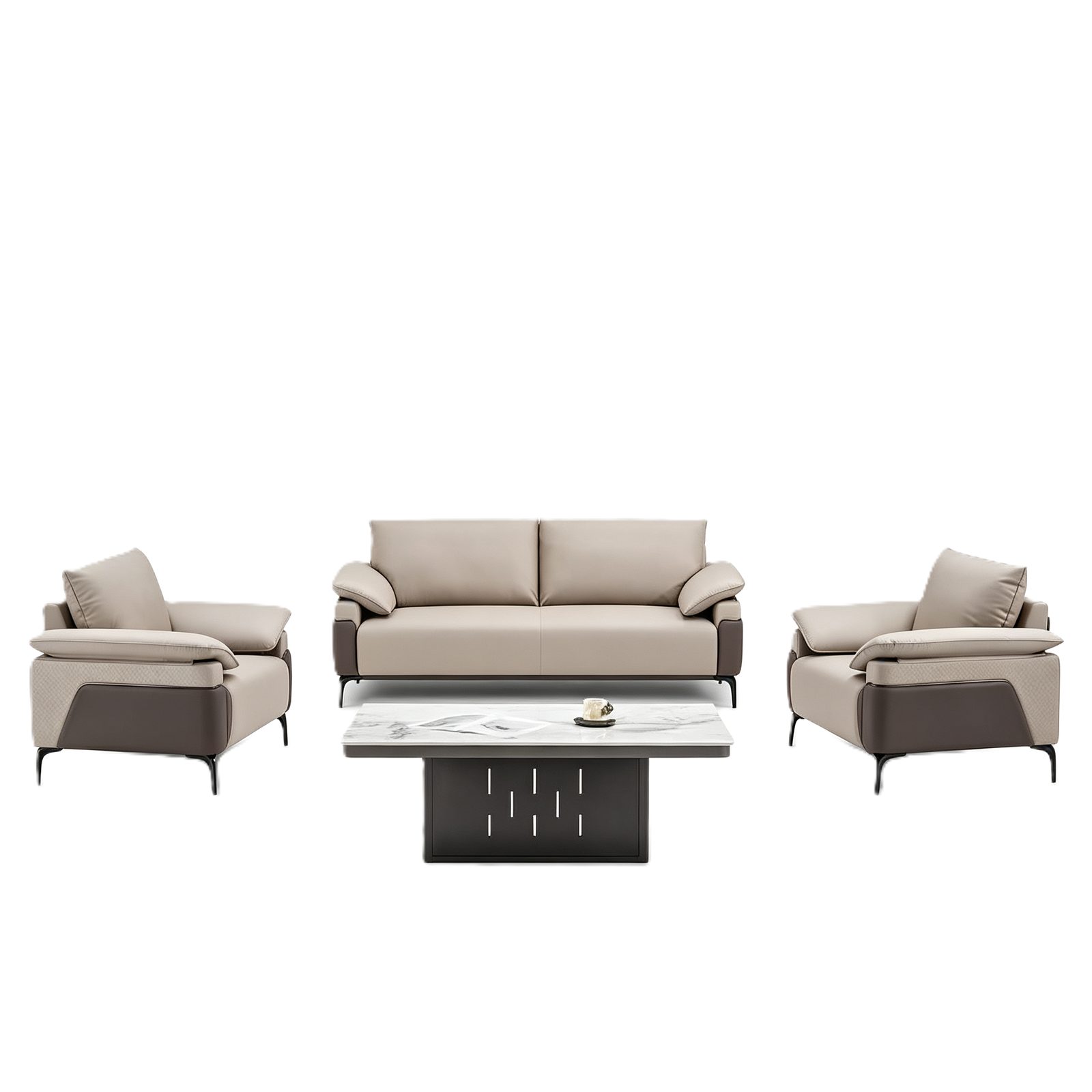 Office Waiting Sofa in Beige and Coffee PU Leather, PVC Armrest Trim & Solid Wood Frame detail 1