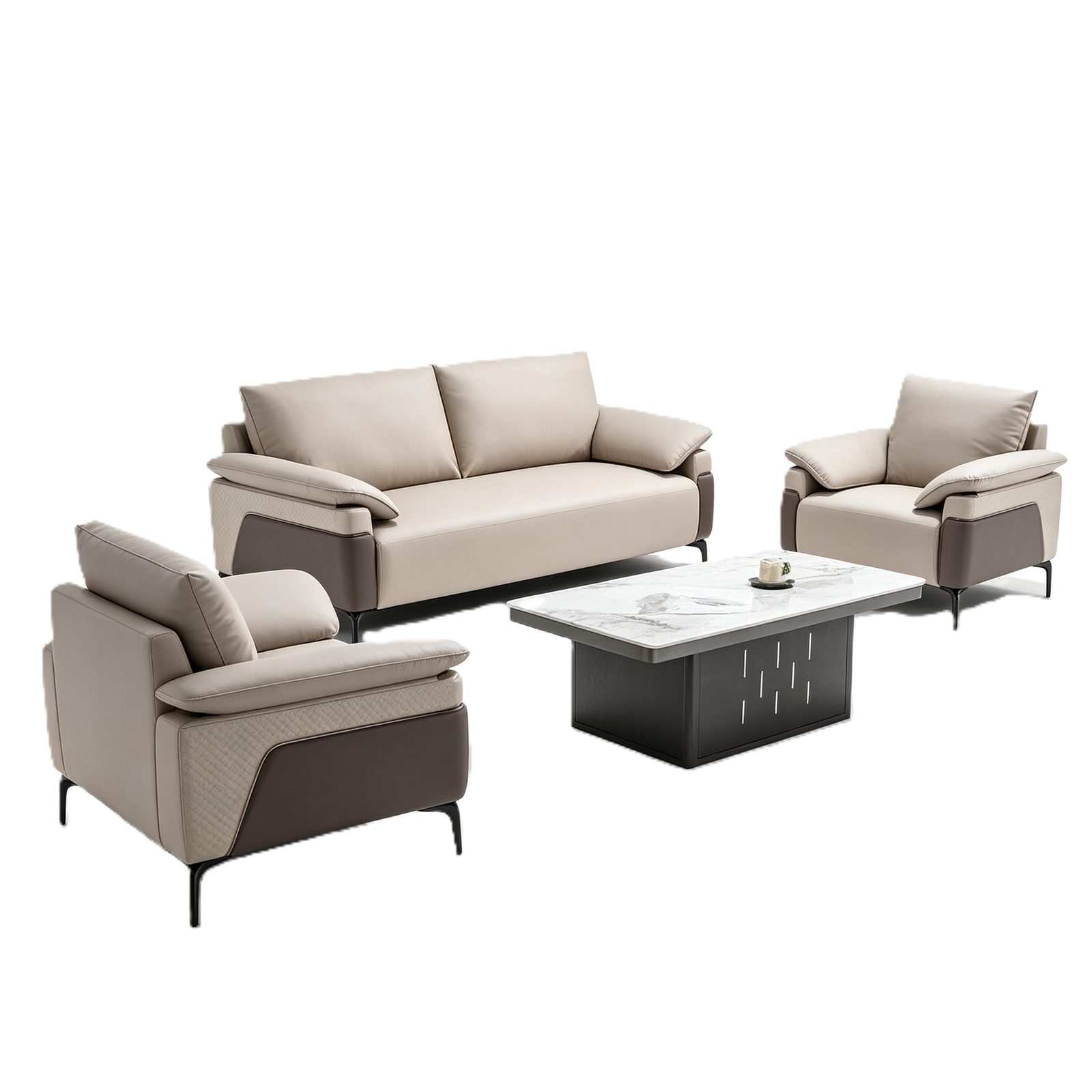 Office Waiting Sofa in Beige and Coffee PU Leather, PVC Armrest Trim & Solid Wood Frame detail 2