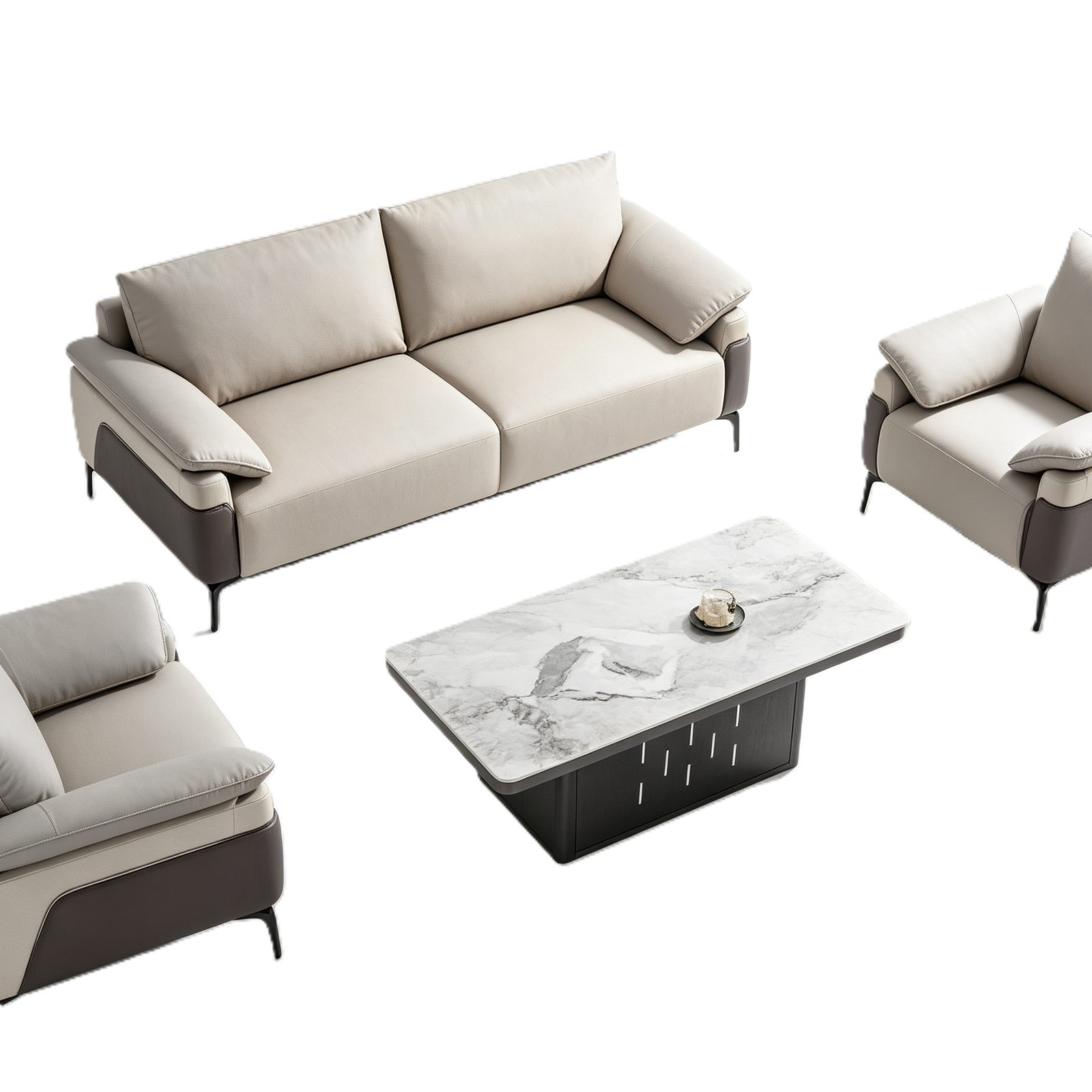 Office Waiting Sofa in Beige and Coffee PU Leather, PVC Armrest Trim & Solid Wood Frame detail 3