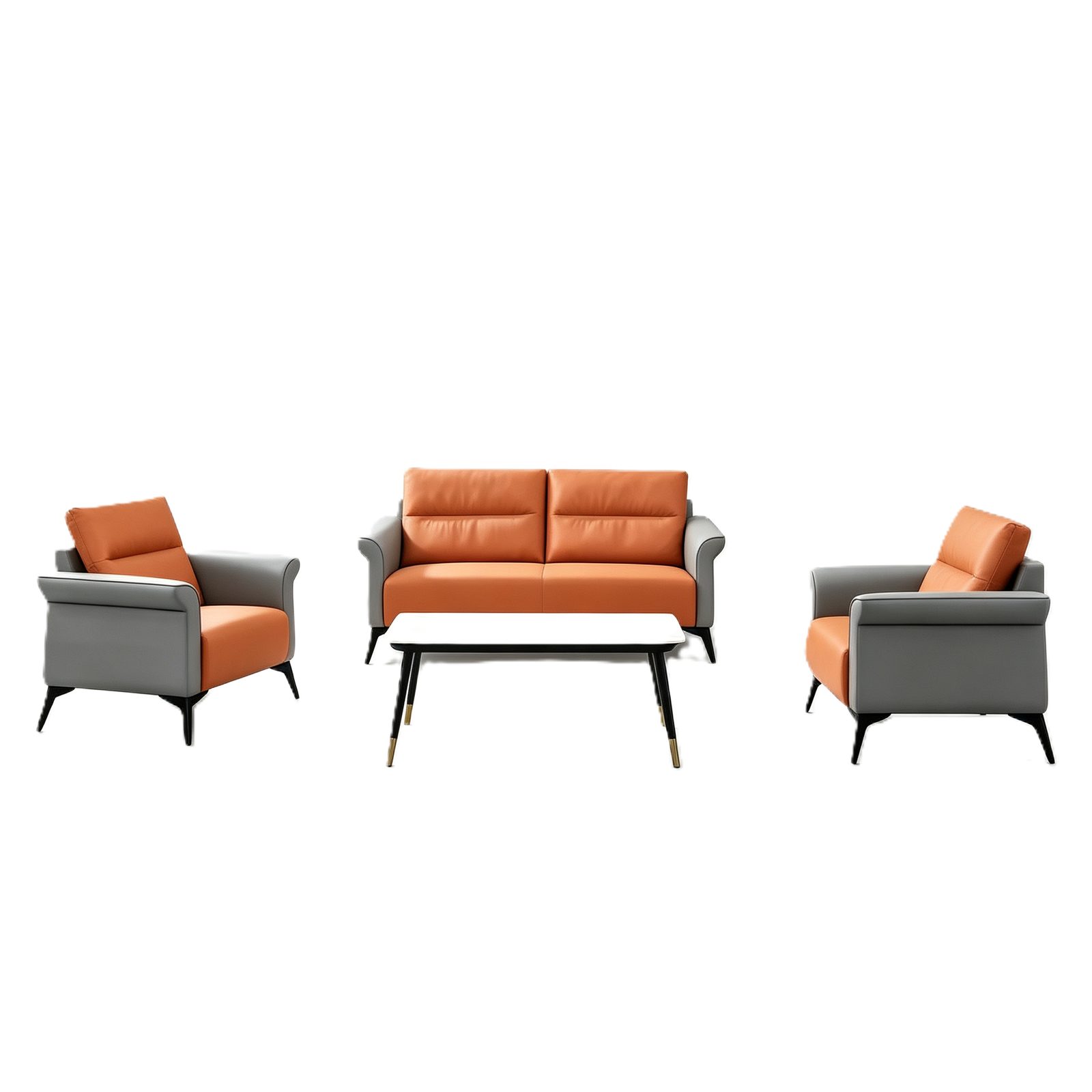 Compact Office Sofa in Napa Leather, Orange and Gray, Solid Wood Frame, Space-Saving Size detail 1