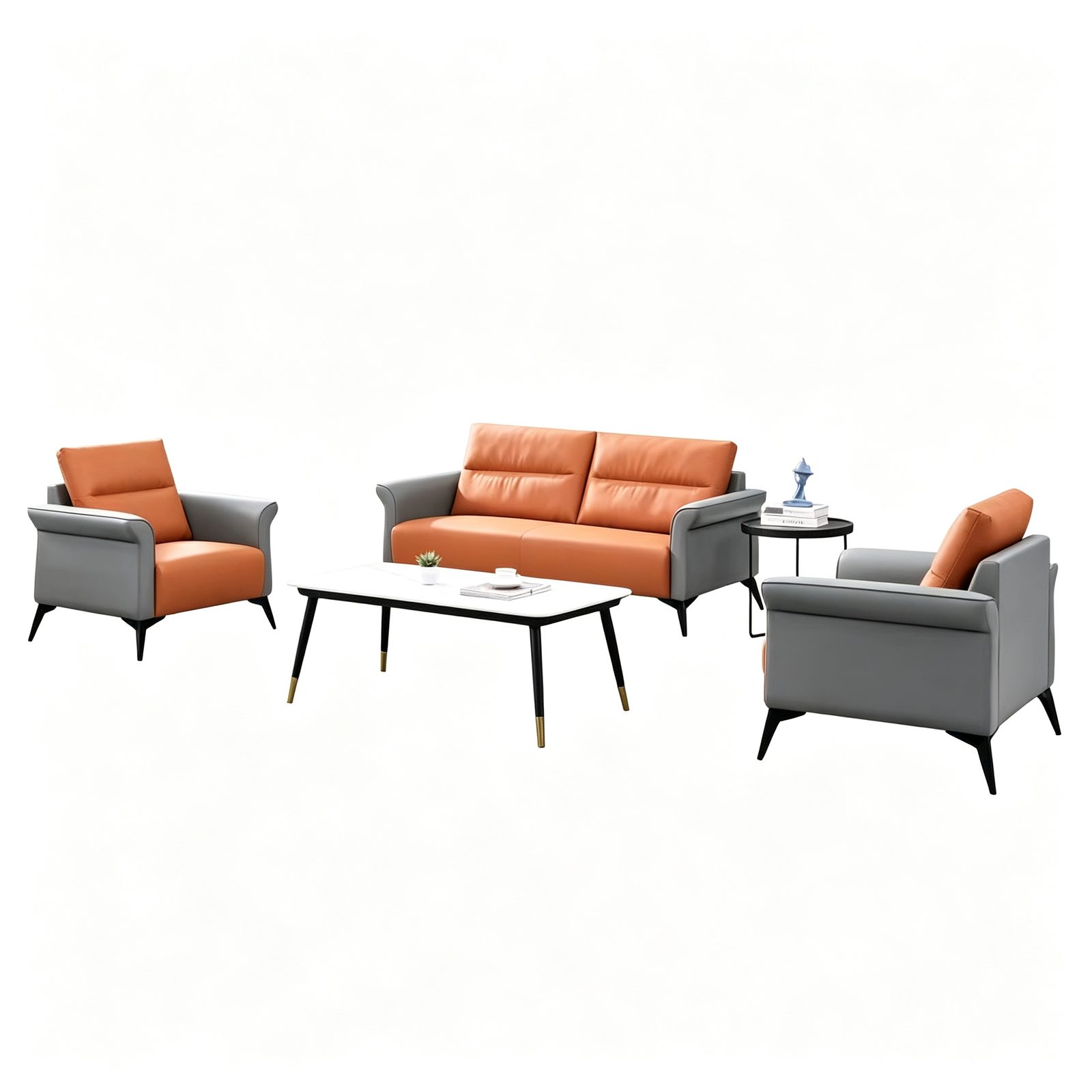 Compact Office Sofa in Napa Leather, Orange and Gray, Solid Wood Frame, Space-Saving Size detail 2