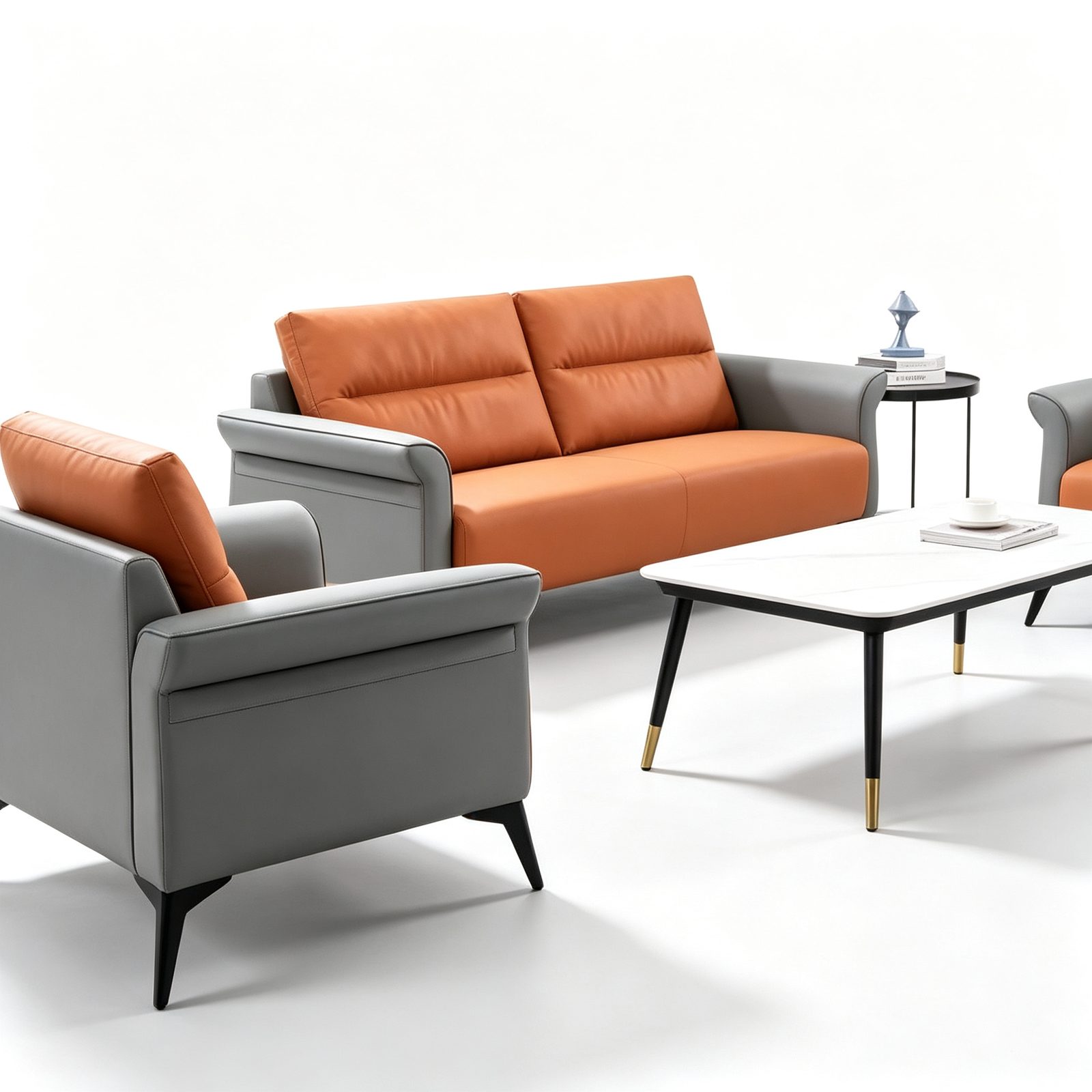 Compact Office Sofa in Napa Leather, Orange and Gray, Solid Wood Frame, Space-Saving Size detail 3