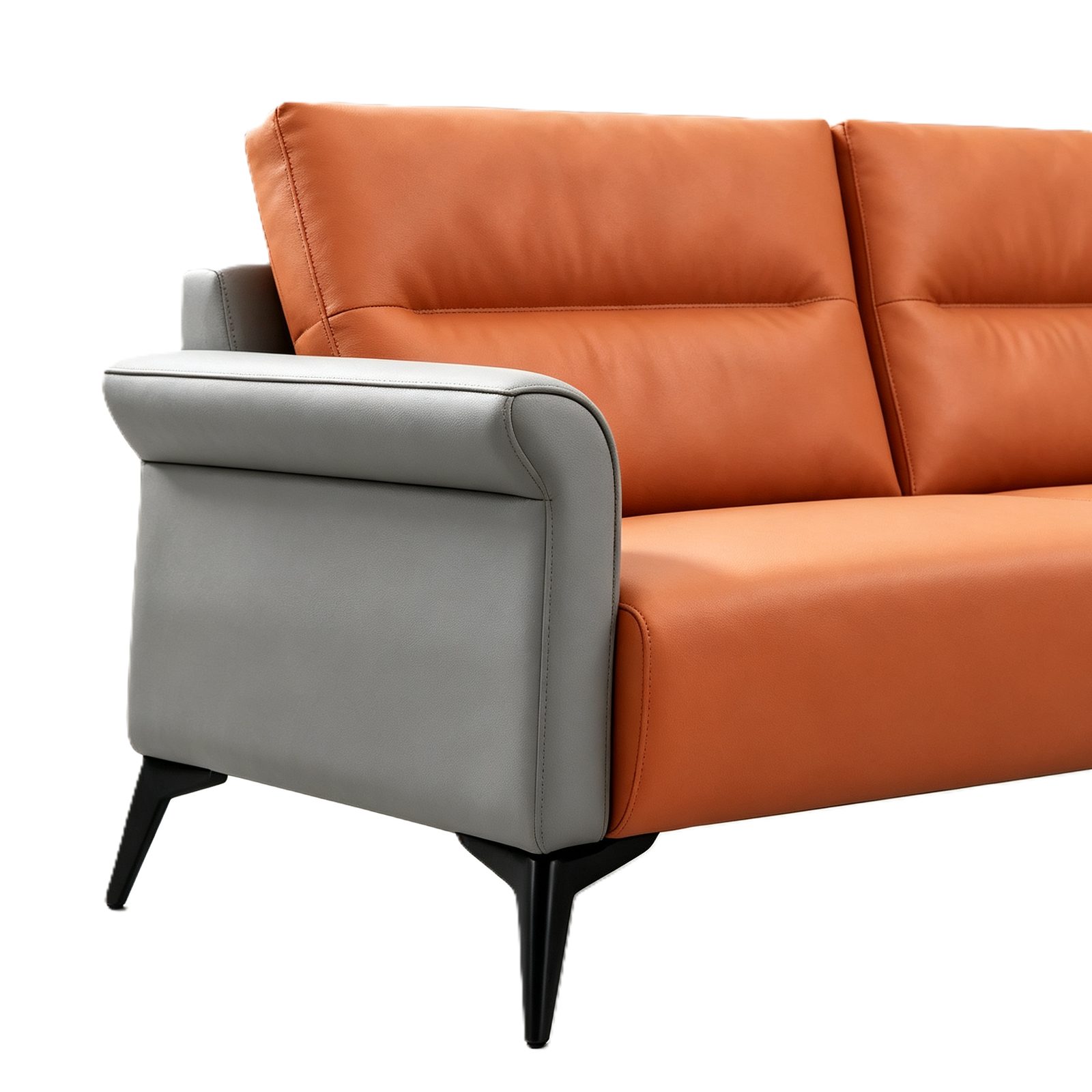 Compact Office Sofa in Napa Leather, Orange and Gray, Solid Wood Frame, Space-Saving Size detail 4
