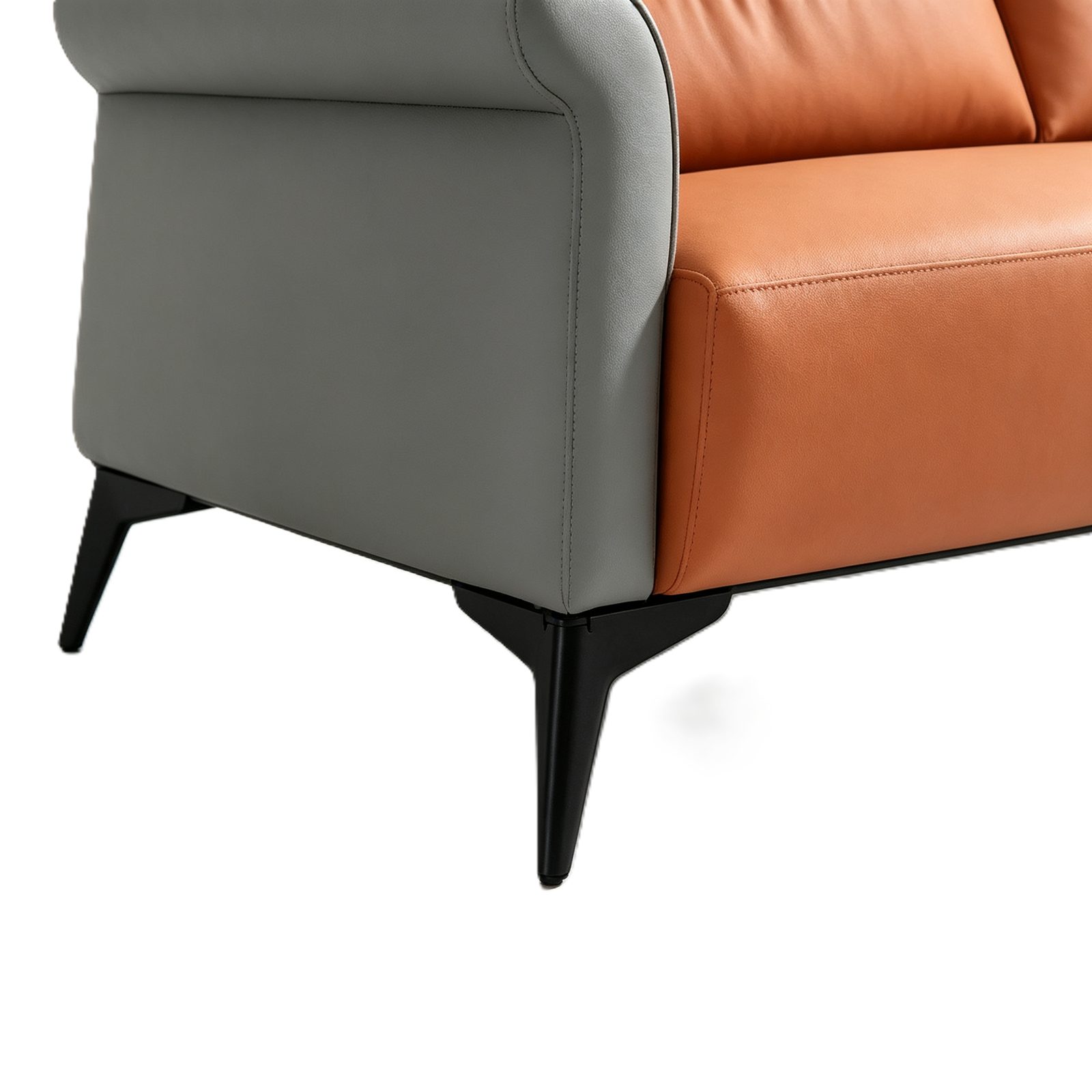 Compact Office Sofa in Napa Leather, Orange and Gray, Solid Wood Frame, Space-Saving Size detail 5