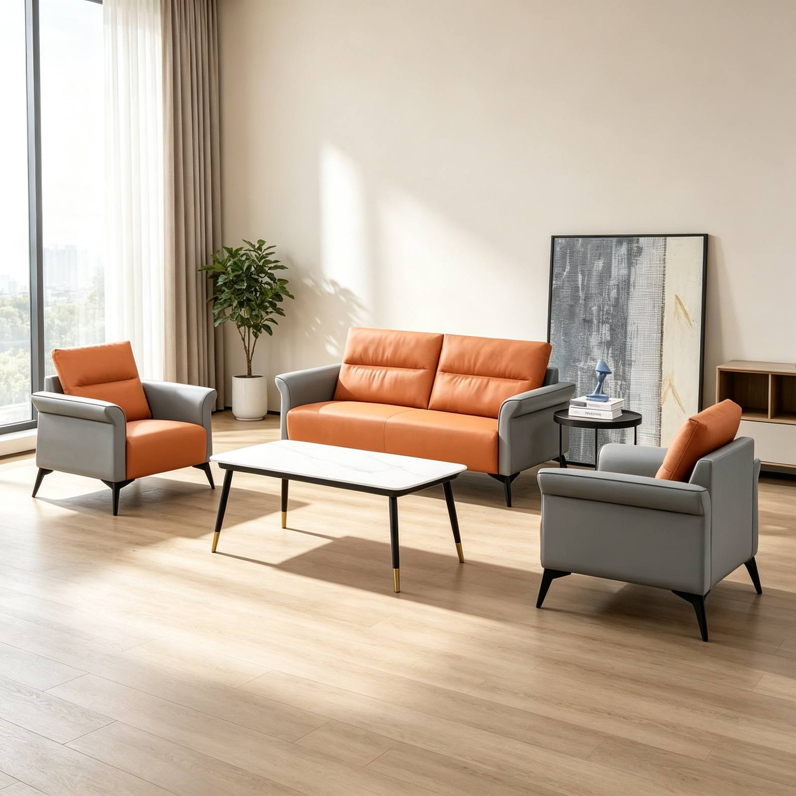 Compact Office Sofa in Napa Leather, Orange and Gray, Solid Wood Frame, Space-Saving Size detail 6
