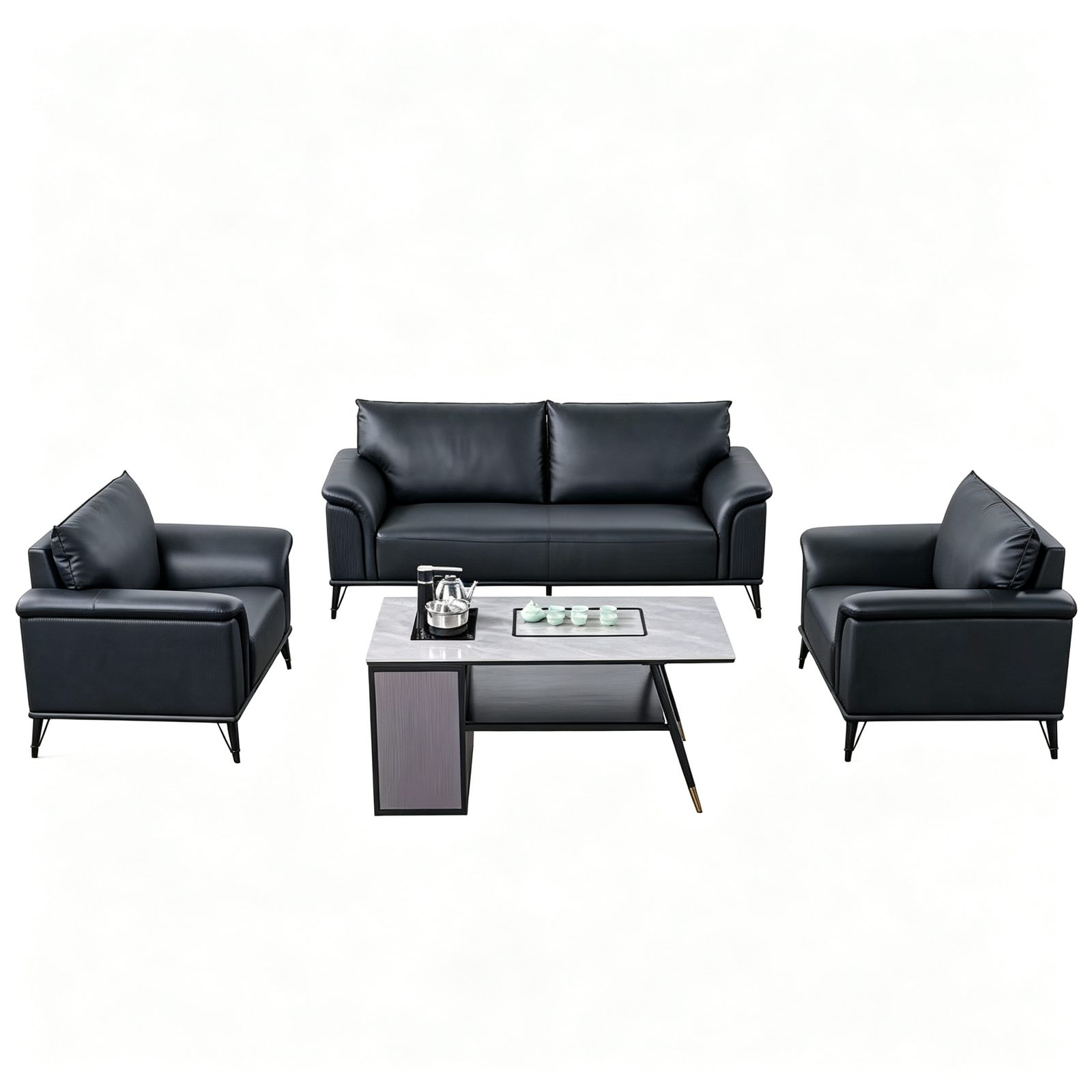Executive Office Sofa in Black Top-Grain Cowhide Leather, Solid Pine Frame & Alloy Legs detail 1
