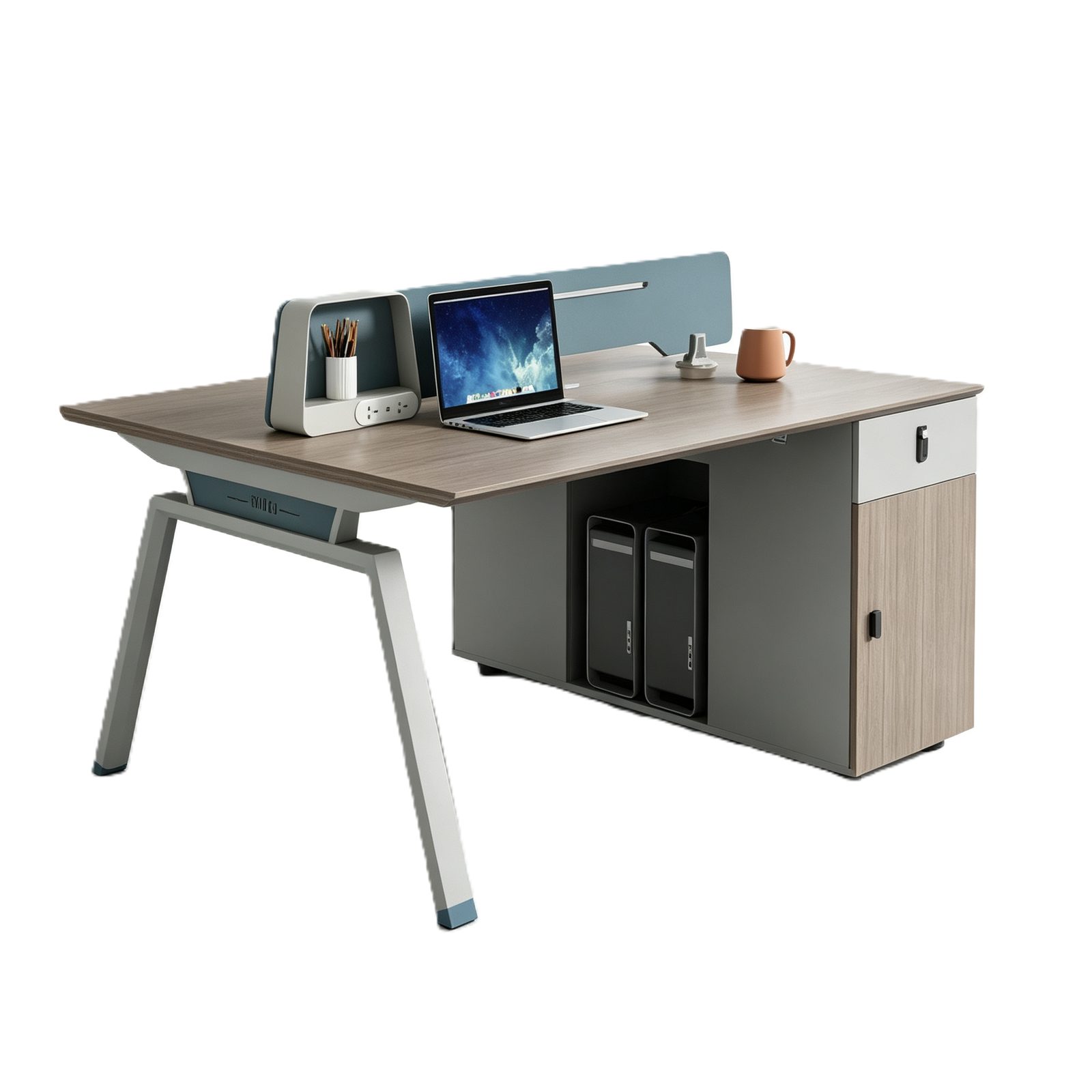 2-Seater Office Desk with Beveled Edge, E1 Eco Board, Steel Legs & Combination Lock, Modern Workstation detail 1