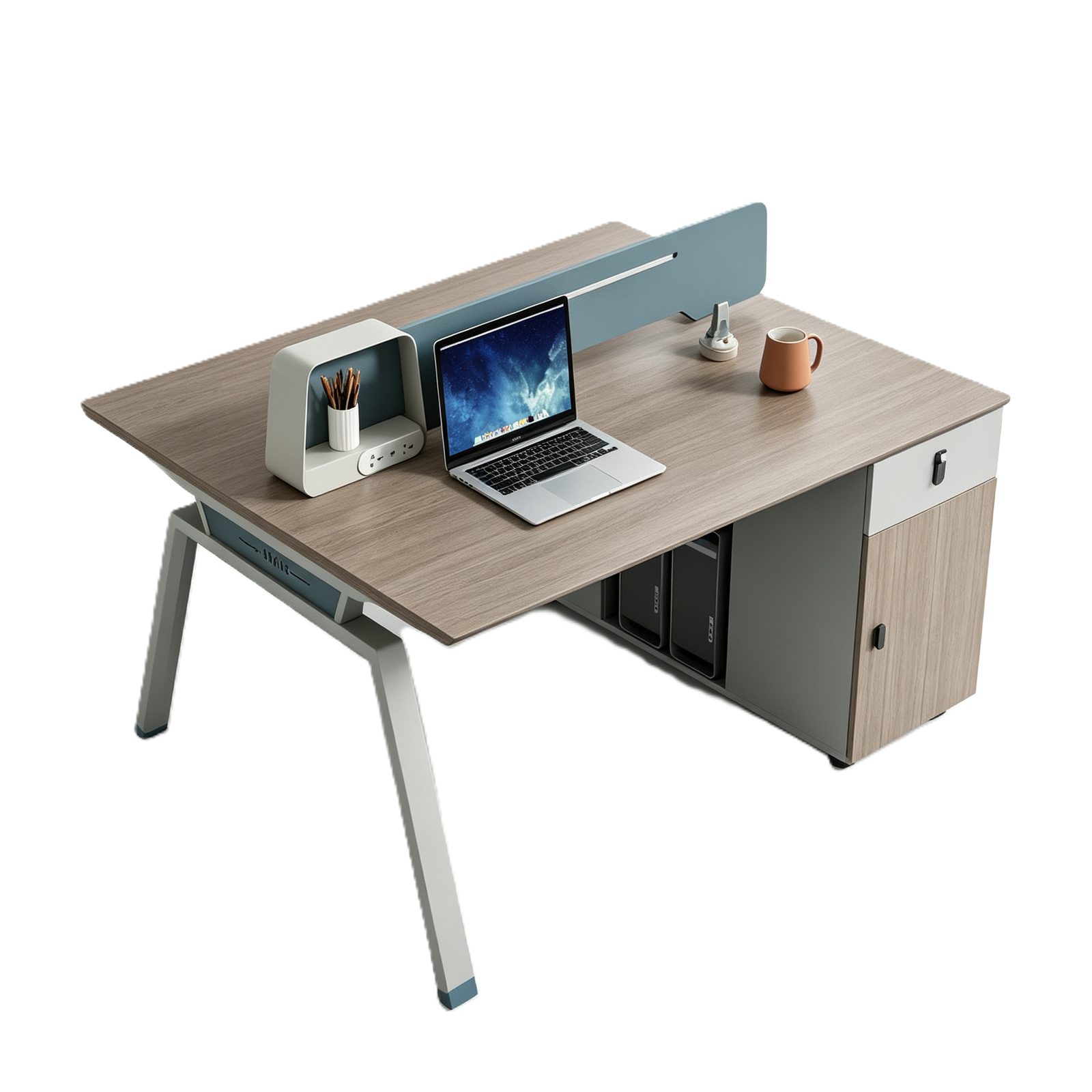 2-Seater Office Desk with Beveled Edge, E1 Eco Board, Steel Legs & Combination Lock, Modern Workstation detail 2