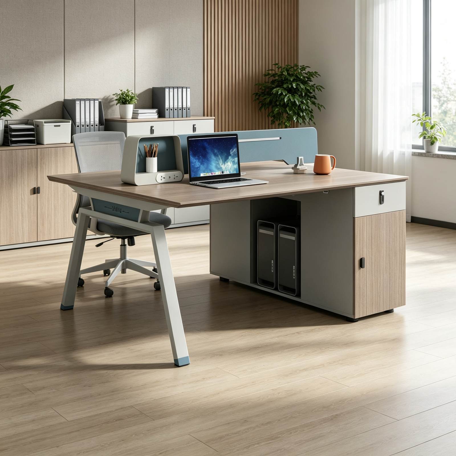 2-Seater Office Desk with Beveled Edge, E1 Eco Board, Steel Legs & Combination Lock, Modern Workstation detail 6