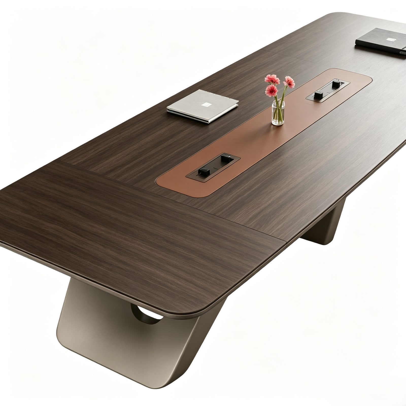 Large Conference Table with Fixed Track Power Outlets, Custom-Shaped Wood Panel, E1 Eco Board & Baked-Paint Steel Legs detail 2