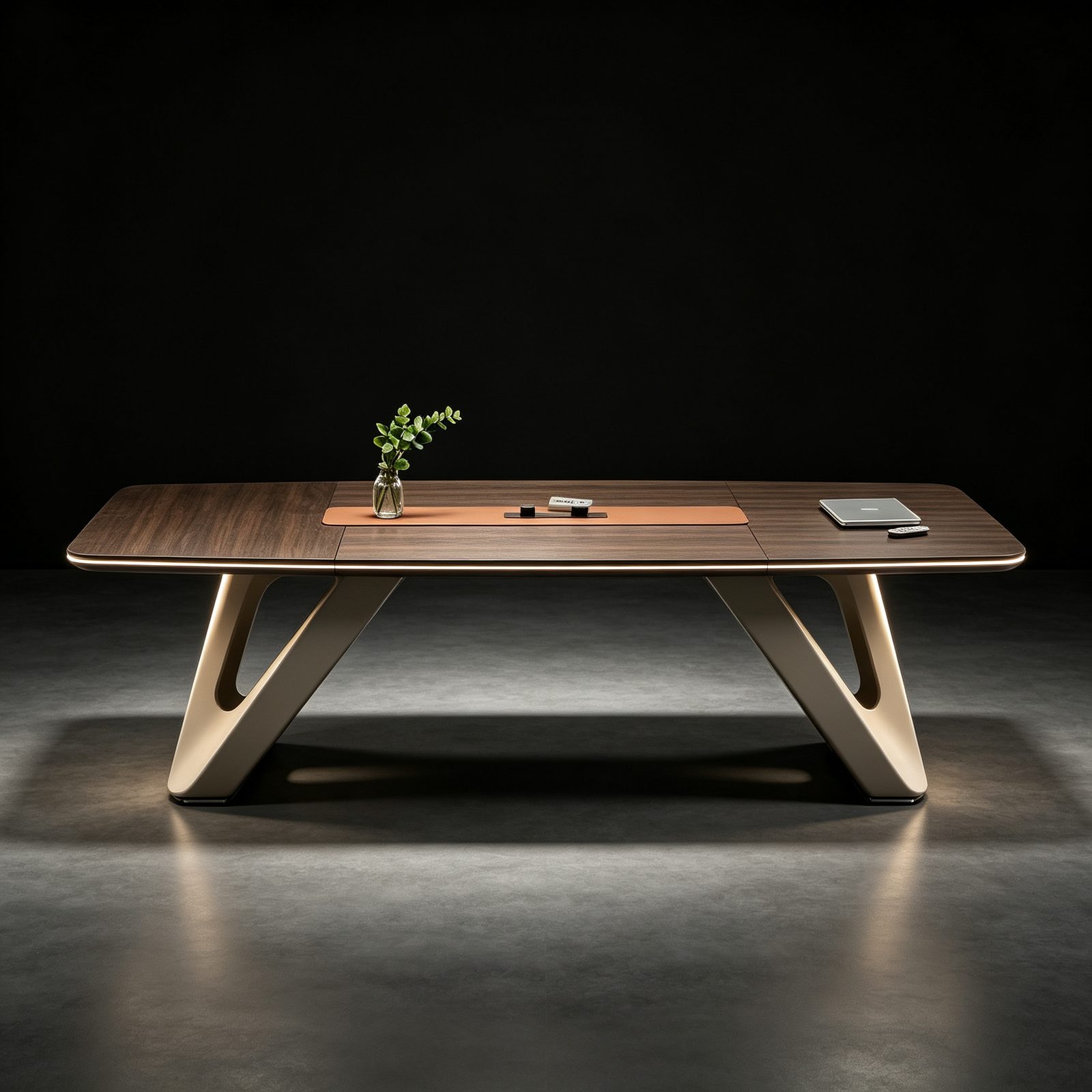Large Conference Table with Fixed Track Power Outlets, Custom-Shaped Wood Panel, E1 Eco Board & Baked-Paint Steel Legs detail 3