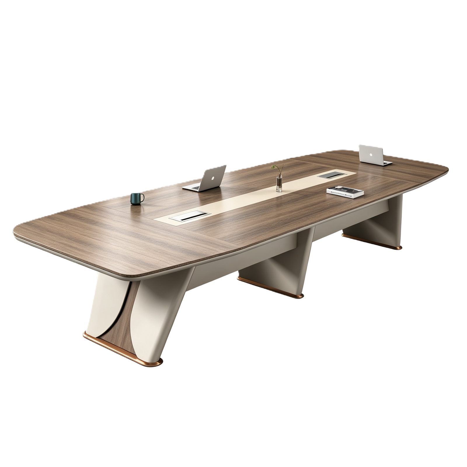 Modern Conference Table with Multi-Function Charging Outlet Station, Beveled Edges, E1 Eco Board & Powder-Coated Steel Legs detail 1