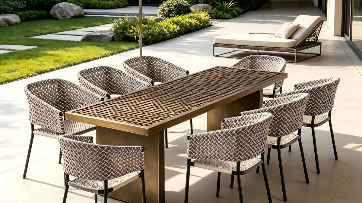 Modern Minimalist Rattan Aluminum Outdoor Furniture Set, Weather Resistant Waterproof Patio Bar Stool Chaise Lounge Coffee Table detail 6