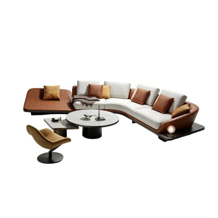 Italian Wabi-Sabi Style High-End Designer Leather Curved Corner Fabric Minimalist Set Stainless Steel Sponge detail 1