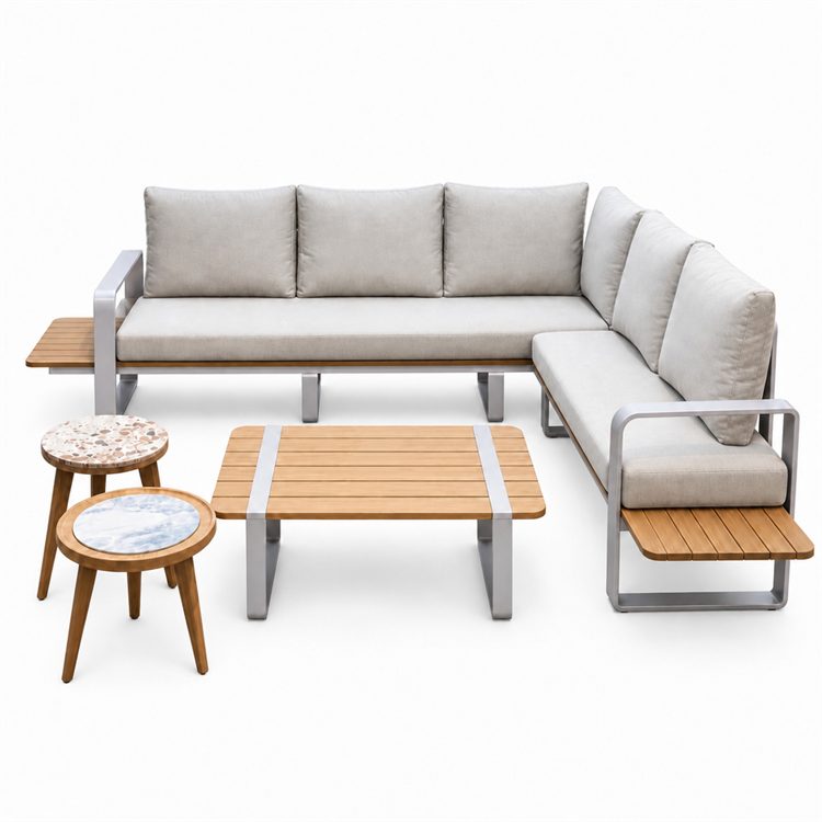 Commercial Grade Modern Teak Wood Garden Corner Sofa Set with Aluminum Frame Waterproof & UV/Weather Resistant Outdoor Furniture detail 1