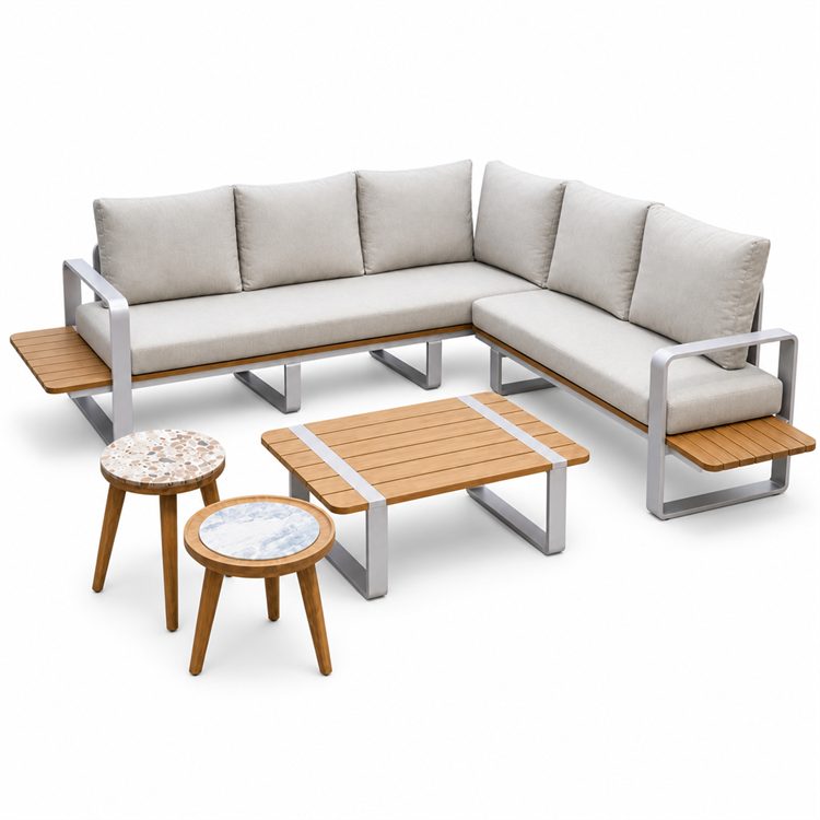 Commercial Grade Modern Teak Wood Garden Corner Sofa Set with Aluminum Frame Waterproof & UV/Weather Resistant Outdoor Furniture detail 2
