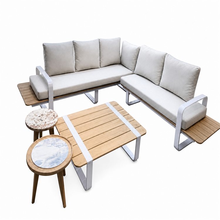 Commercial Grade Modern Teak Wood Garden Corner Sofa Set with Aluminum Frame Waterproof & UV/Weather Resistant Outdoor Furniture detail 6