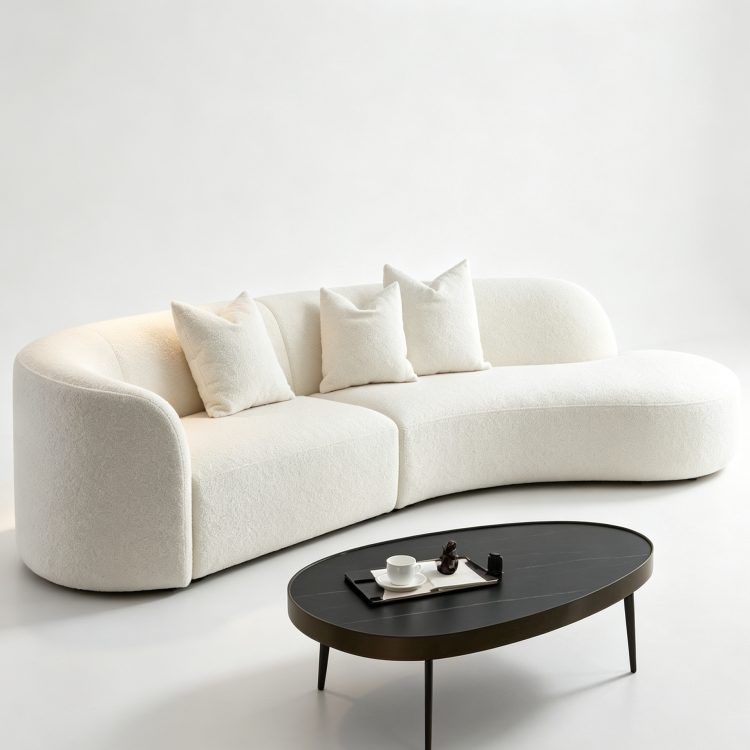 Curved White Lambskin Sofa Cream Wabi-sabi Style Tufted Modular Reclining Combination Sofa for Home Hotel Villa detail 1