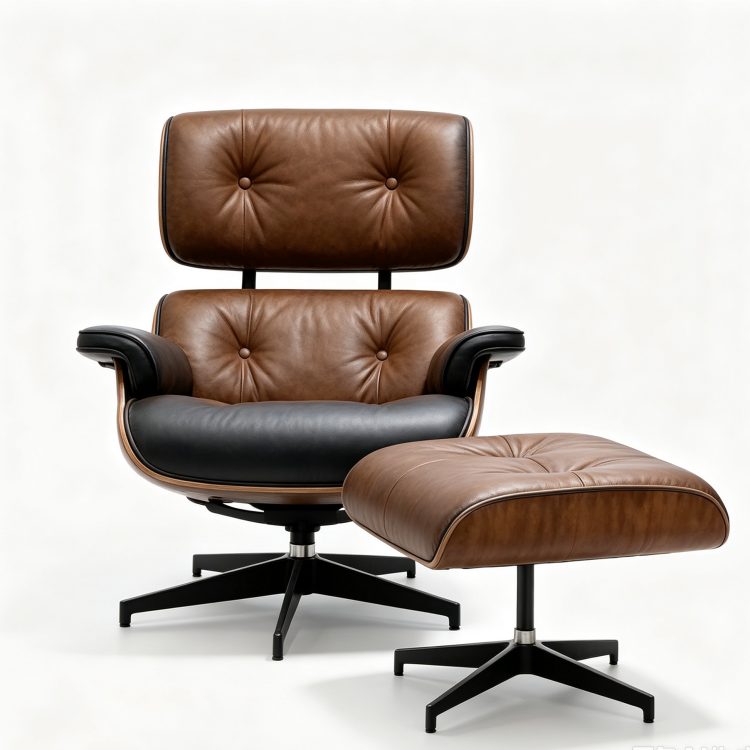 Mid Century Modern Genuine Leather Lounge Chair with Ottoman Rosewood Recliner Chair Aluminum Base for Living Room detail 1