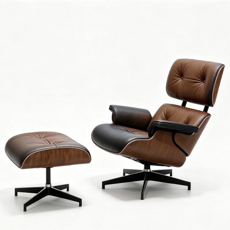 Mid Century Modern Genuine Leather Lounge Chair with Ottoman Rosewood Recliner Chair Aluminum Base for Living Room detail 2