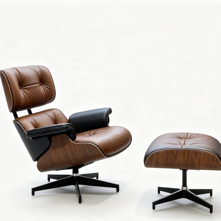 Mid Century Modern Genuine Leather Lounge Chair with Ottoman Rosewood Recliner Chair Aluminum Base for Living Room detail 3