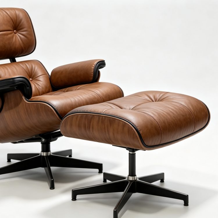 Mid Century Modern Genuine Leather Lounge Chair with Ottoman Rosewood Recliner Chair Aluminum Base for Living Room detail 4