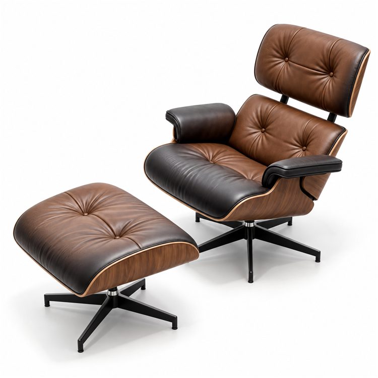 Mid Century Modern Genuine Leather Lounge Chair with Ottoman Rosewood Recliner Chair Aluminum Base for Living Room detail 5